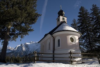 GERMANY, Bavaria, Mittenwald, Kapelle am Lautersee. Small chapel near Lautersee lake above
