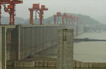 CHINA, Hubei , Sandouping, The Three Gorges Dam at Sandouping - the scale can be seen from the