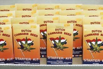 HOLLAND, Amsterdam , Dutch cannabis seeds for sale in outdoor street flower market