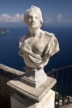 20093656 ITALY Campania Ravello Villa Cimbrone. Statue on Belvedere of Infinity overlooking sea