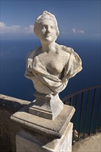 20093658 ITALY Campania Ravello Villa Cimbrone. Statue on Belvedere of Infinity overlooking sea