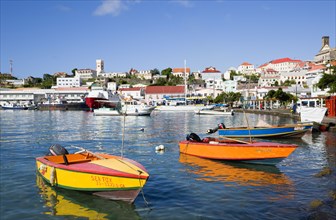 WEST INDIES, Grenada, St George, Water taxi boats moored in the Carenage harbour of the capital