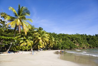 WEST INDIES, Grenada, St David, Coconut palm tree lined beach of La Sagesse with people playing on