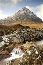 Scotland, Argyll, Glen Coe, River & Autumn colours of Buachaille Etive Mor
