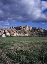 SPAIN, Catalonia, Tarragona, El Pinell de Brai. Hilltop village seen from field of flowers below