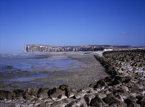 FRANCE, Normandy, Mers les Bains, View north east along shoreline by the town Mers les Bains. Chalk