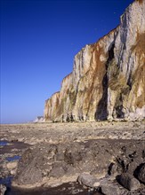 FRANCE, Picardie, Mers les Bains, View north east from rocky foreshore at sea level towards chalk