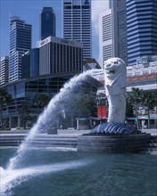 SINGAPORE, Merlion Park, "Merlion statue in Merlion Park with HSBC bank , The Fullerton Hotel and