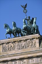 GERMANY, Berlin, "The Brandenburg Gate.  Angled view of the Quadriga on top of the gate.  Chariot