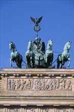 GERMANY, Berlin, "The Brandenburg Gate.  The Quadriga on top of the gate.  Chariot drawn by four