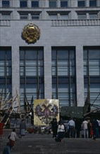 RUSSIA, Moscow, Parliament building with barricades made from pieces of wood and metal after an