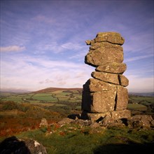 ENGLAND, Devon, Dartmoor, Bowerman’s Nose.  Dramatic granite tor shaped like face in profile with
