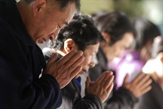 JAPAN, Honshu, Tokyo, "Jingumae - at Meijijingu shrine, line of New Years worshippers praying, in