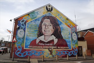 IRELAND, North, Belfast, "Falls Road, Mural of Bobby Sands on the gable end of the Sinn Fein