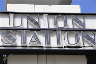USA, California, Los Angeles, Union Station sign