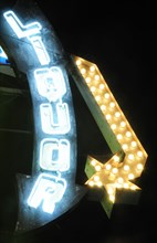 USA, California, Los Angeles, "Liquor store neon sign, Sunset Boulevard"