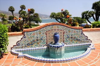 USA, California, Los Angeles, "Fountain with views along Malibu coast, Adamson House, Malibu"