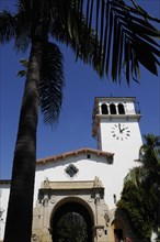 USA, California, Santa Barbara, "County Courthouse with palm, Santa Barbara"