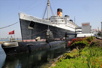USA, California, Los Angeles, "Scorpion Russian submarine & Queen Mary ship, Queens Bay, Long