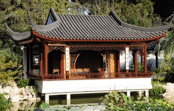 USA, California, Los Angeles, "View across lake to the Lotus Pavilion, Chinese Garden, The