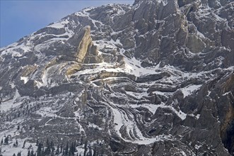 CANADA, Alberta , Kananaskis, A light sprinkling of snow makes it easier to see the complex rock