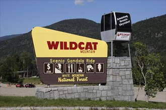 USA, New Hampshire , White Mountains, Wildcat Mountain ski area out of season. Sign advertising
