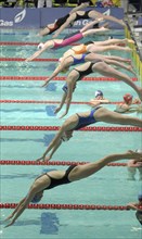 SPORT, Watersport, Swimming, "Womens Relay, Swimmers diving in at change over."