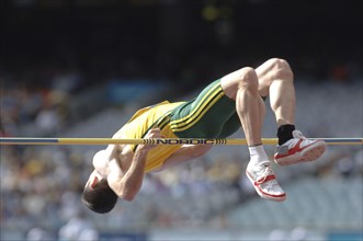 SPORT, Athletics, High Jump, "High Jumper doing the Fosbury Flop. Melbourne 2006 Commonwealth