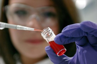 SCIENCE, Biology, Technician, Worker wearing protective glasses and gloves filling pipette with