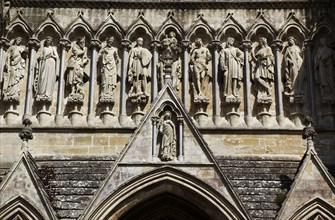 ENGLAND, Wiltshire, Salisbury, "Cathedral, Stone statues of Saints above the entrance."