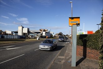 ENGLAND, West Sussex, Shoreham-by-Sea, Gatso traffic speed camera on main road.