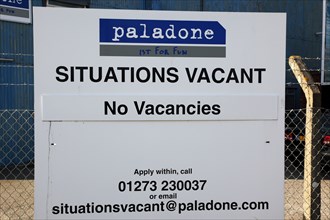 ENGLAND, West Sussex, Shoreham-by-Sea, Situations Vacant sign outside factory. No Vacancies.