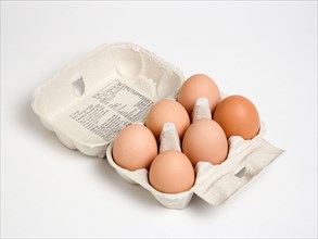 FOOD, Uncooked, Eggs, Box of six free range eggs in a box on a white background.