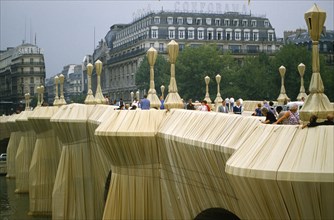France, Ile de France, Paris, The Pont Neuf bridge across River Seine wrapped by the artist Christo
