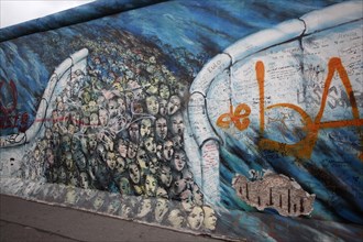 Germany, Berlin, Berlin Wall, East Side Gallery of sections with grafitti.