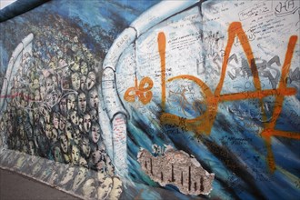 Germany, Berlin, Berlin Wall, East Side Gallery of sections with grafitti.