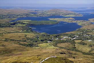 IRELAND, County Galway, Connemara, Diamond Hill, Ballynakill Harbour as seen from the slopes of the