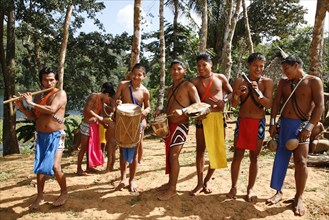 Panama, Embera Indian Village, Traditional band of musiciabs with variety of instruments, including