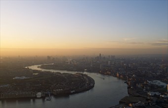 England, London, Canary Wharf, View over the City of London from Canada Tower in a  haze of smog at