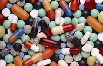 Health, Medicine, Medication, Mixed collection of colourful pills capsules and tablets.