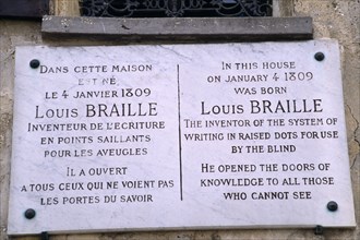 France, Ile de France, Coupvray, Marble commemorative plaque on the house where Louis Braille lived