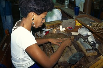 CUBA, Havana, Woman working in Partagas cigar factory.