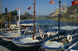 TURKEY, Mugla, Dalyan, Harbour with moored boats displaying Turkish flags.