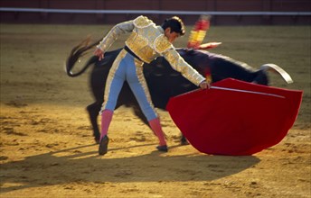 Spain, Andalucia, Seville, matador holding sword behind raised cape in passing move with charging