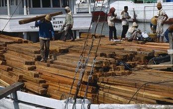 Indonesia, Java, Jakarta, Group of men unloading timber from ship in dockyard.