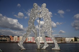 GErmany, Berlin, Molecule Men sculpture 30 m in height on River Spree by Jonathan Borofsky.