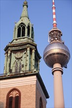 Germany, Berlin, Fernsehturm & Marienkirche Church of Mary.