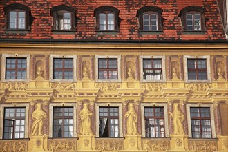 Poland, Wroclaw, detail of building facade with tromp l'oiel painted mural in the Rynek old town