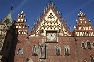 Poland, Wroclaw, Town Hall with sundial & decorative gable.