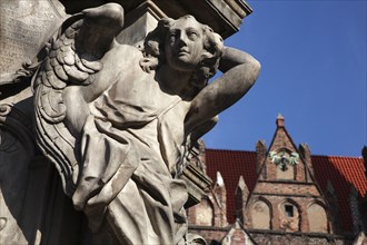 Poland, Wroclaw, detail of female figure on baroque statue of St Jan Nepomucen, St John Nepomuk,